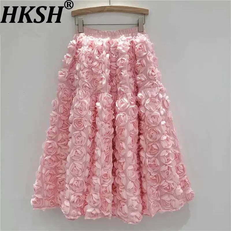 HKSH Women Skirt Sweet Three-dimensional Flower Stylish Niche Elastic Waisted A-Line Pleated Elegant Chic Ins Long Skirts HK5548