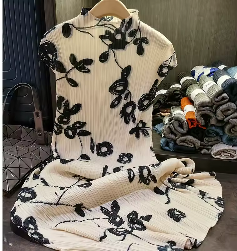 Folding dress women's summer new temperament fashion stand collar short sleeve printing dress hem split loose long skirt. Products on AliExpress