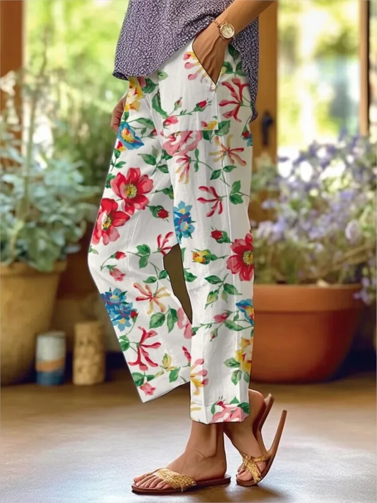 

Women's Floral Print Ankle-Lenght Pants Casual Pockets Straight Pants Women Fashion Boho Holiday Womens Clothing Summer New 2025