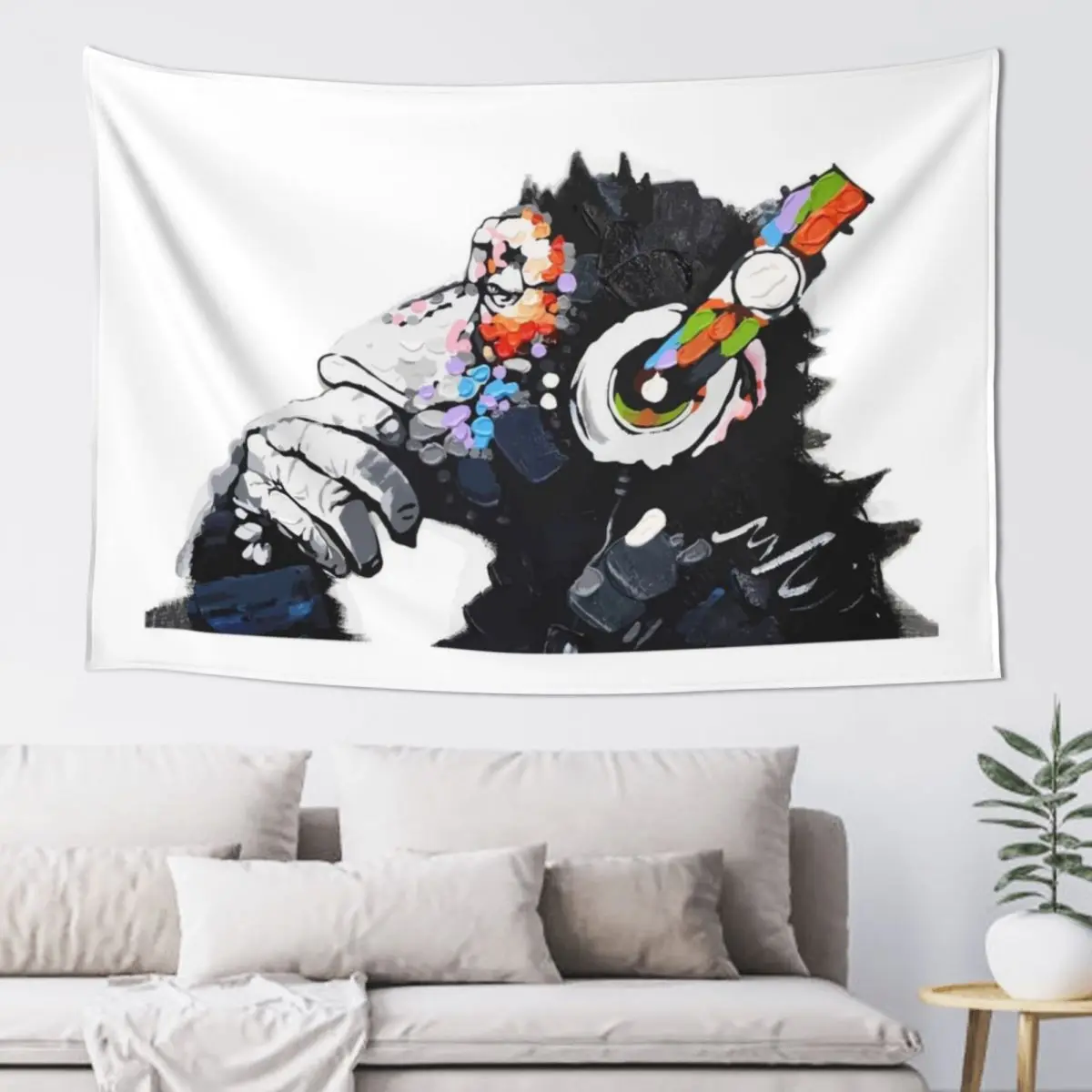 

Banksy DJ Monkey Thinker with Headphones White Tapestry Decoration Room Anime Decor Wall Decor Hanging Tapestry