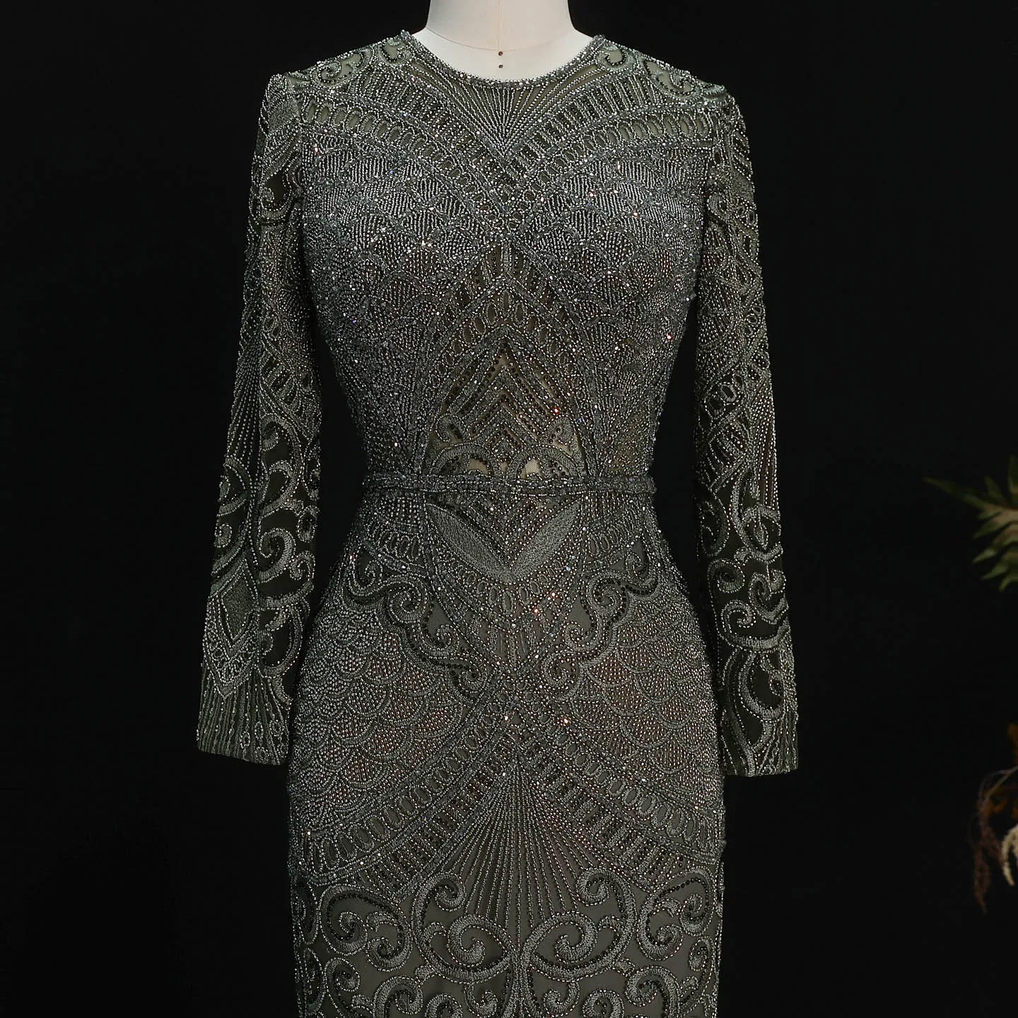 Sharon Said Dubai Übergröße Schwarzes Langarm-Paillettenkleid mit Perlen, Meerjungfrauen-Abendkleid, Saudi-Arabisches Damen-Ballkleid SS056 Maßanfertigung – Detail 9