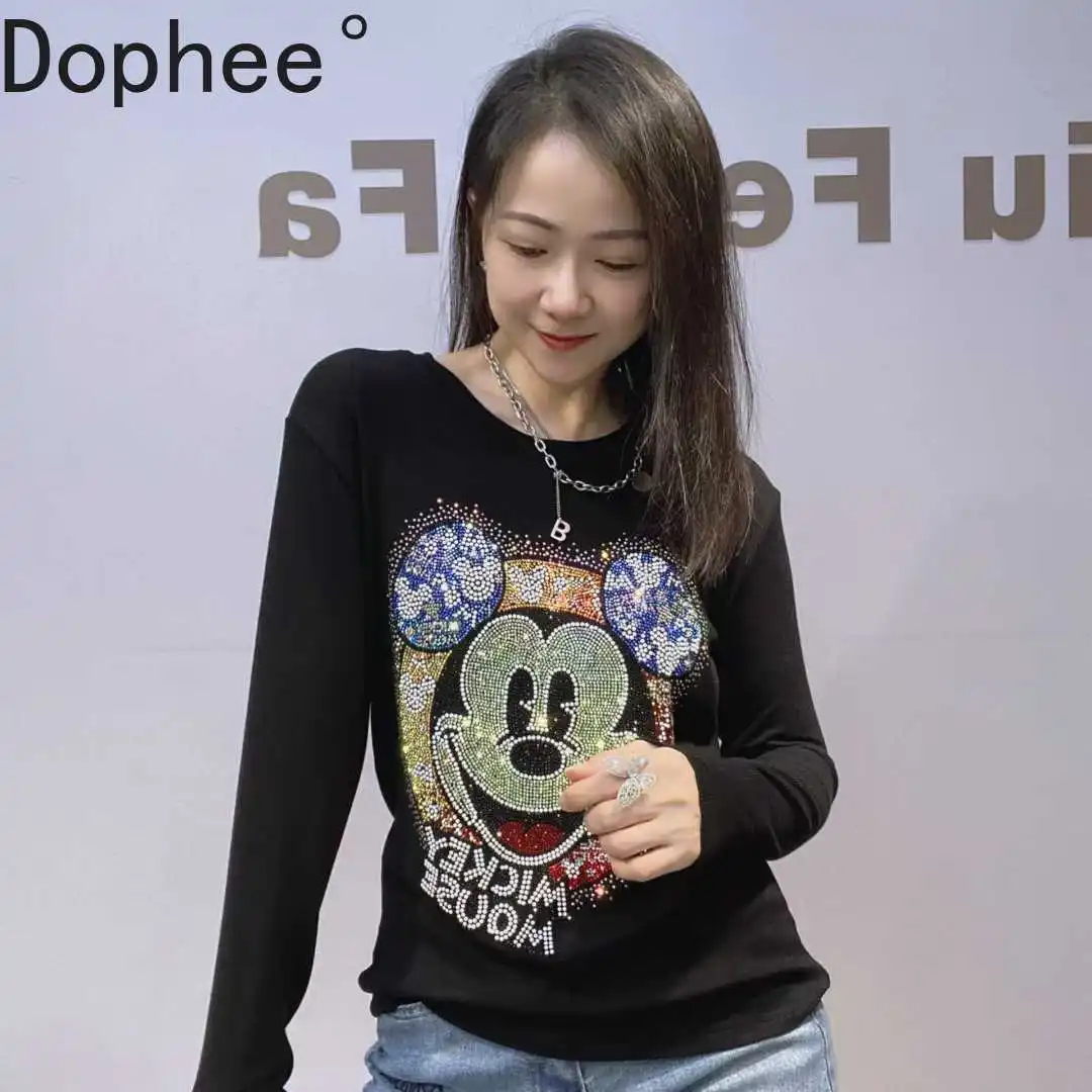 

Threaded Cotton Long Sleeve T-shirt for Women New Spring Autumn Diamonds Mickey Stretch Basic Tees O-neck Slimming Pullover Tops