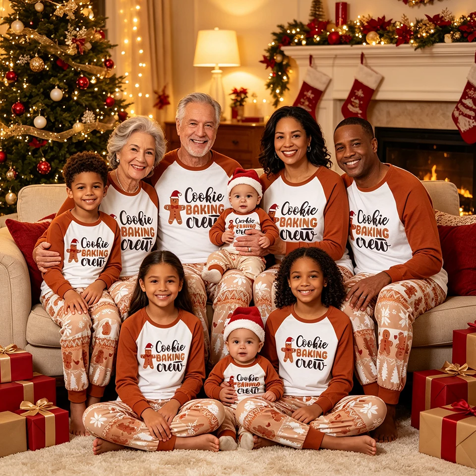 Gingerbread Man Cartoon Print Family Matching Christmas Pajamas Festive Loungewear Mom Dad Kids Toddler Infants Baby Xmas Pajama