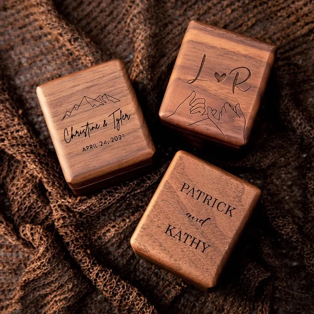Triple Flip Walnut Wood Ring Box Free Custom Engagement and Wedding Ring Boxes Rings Holder 3 Slots Rings Box Jewelry Bearer