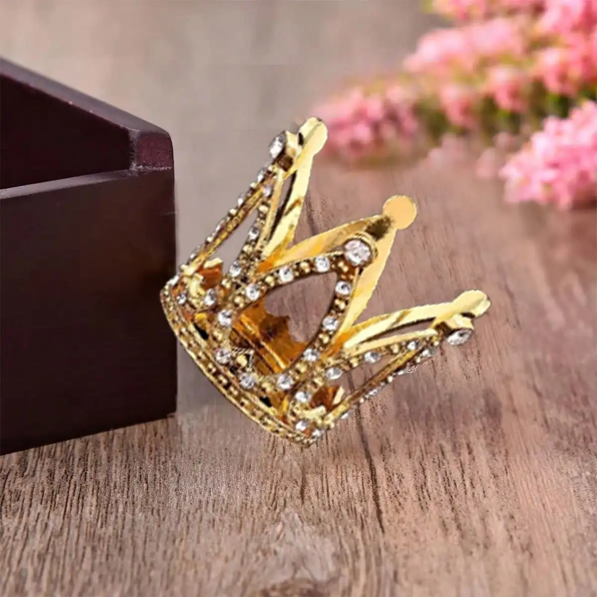 3Pcs Golden Mini Tiara Crown, Bling Rhinestone Cake Decor, Party Ornament for Birthday Wedding Baby Shower Cupcake Baking
