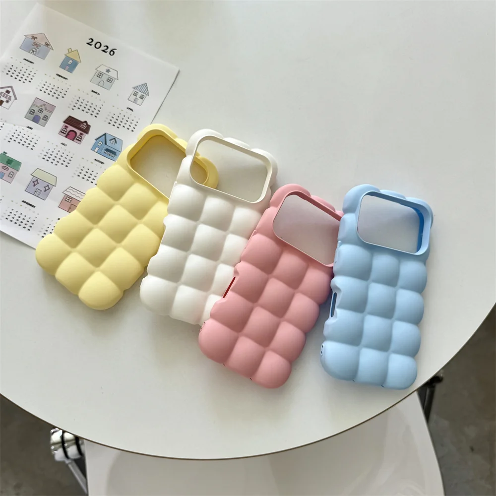 Cute Fashion 3D Bubble Grid Silicone Phone Case For iPhone 15 16 17 Pro Max Pastel Color Waffle Cushion Shockproof Soft Cover