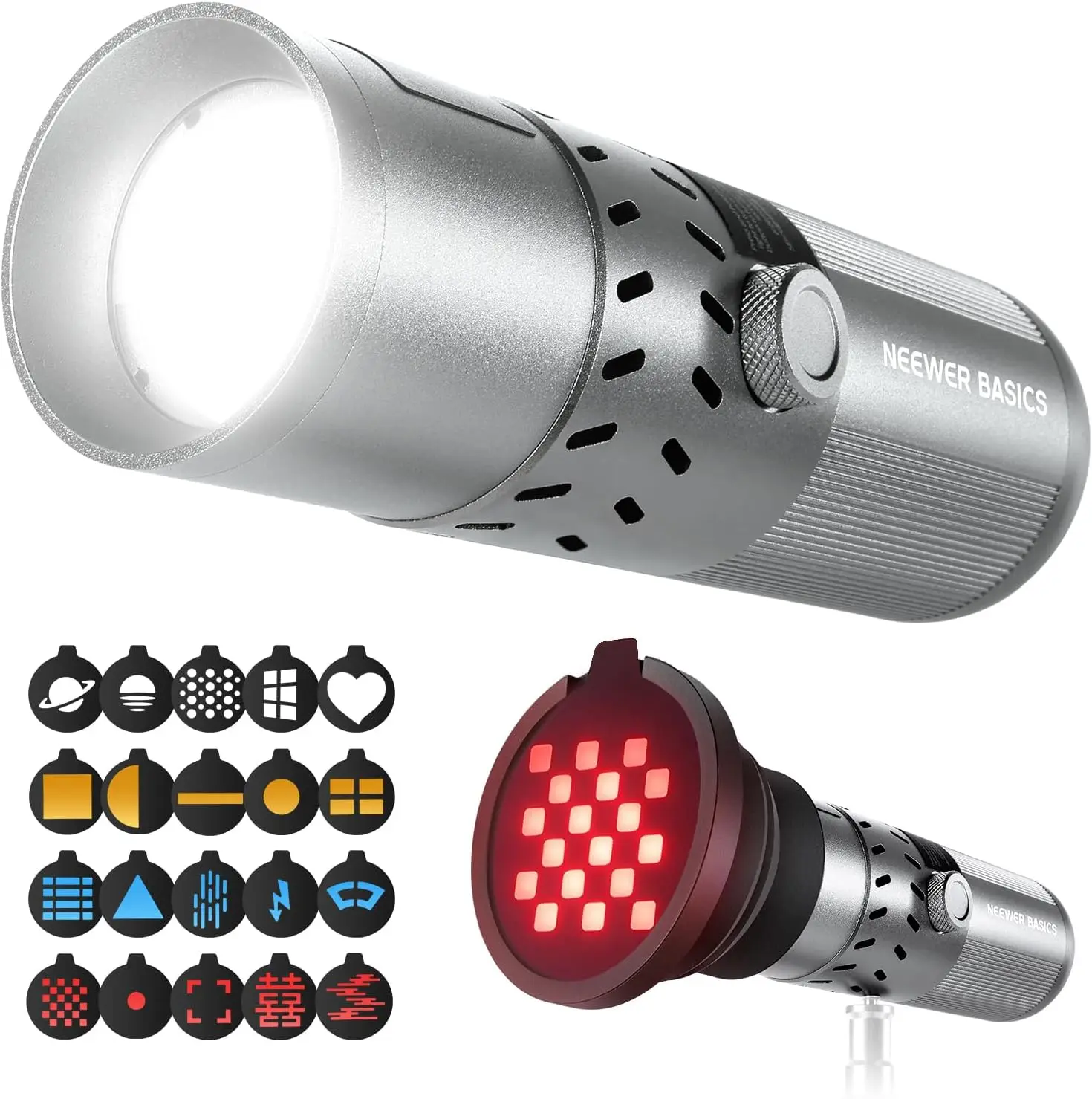 NEEWER BASICS FL20 Zoomable Photography Spotlight Flashlight, 20W, 20 Gobos 4 Colors, LED Studio Light, Ambient Sunset Light