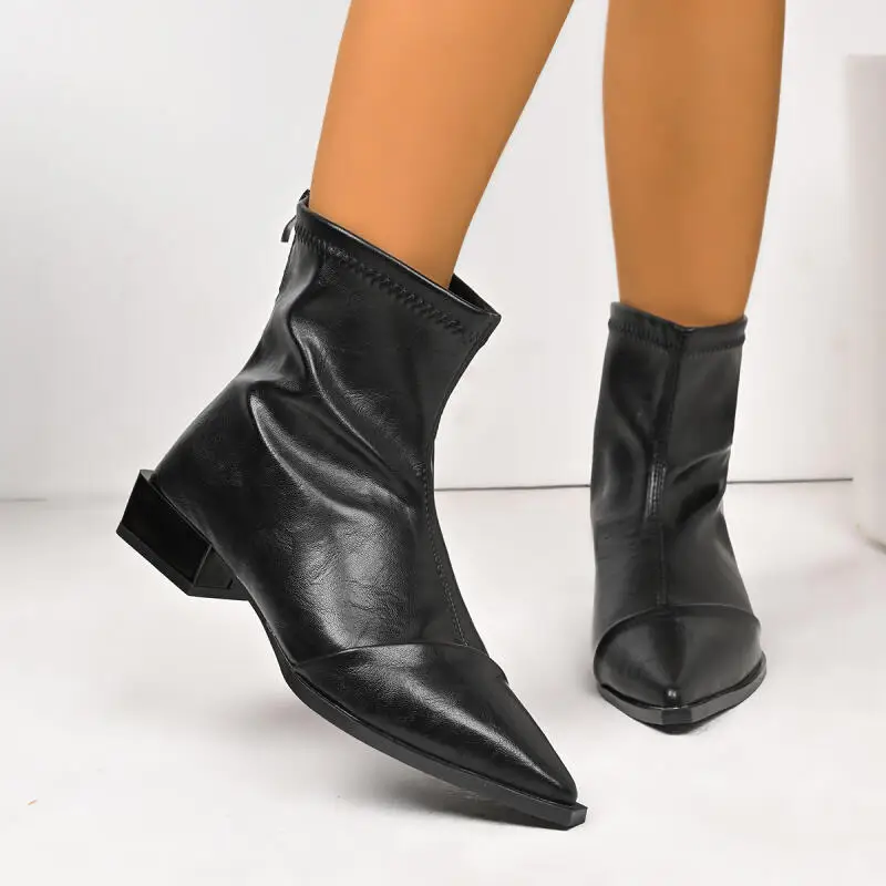 

Классические женские ботильоны из искусственной кожи на низком каблуке, зима 2025 года, ботинки челси с острым носком на толстом каблуке, брендовый дизайн, женские короткие ботильоны