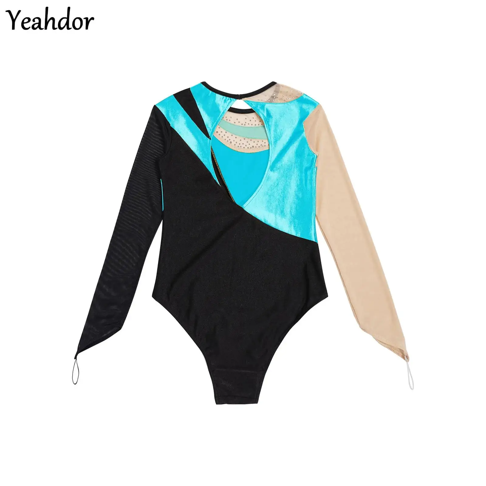 

Kids Girls Bronzing Mesh Gymnastic Leotard Long Sleeve Keyhole Back Metallic Shiny Bodysuit Figure Ice Skating Jumpsuit