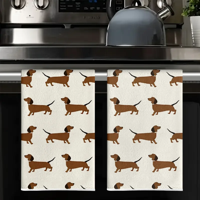 2Pcs, Dachshund Print Kitchen Towels, 40Cm*60Cm Towel Set, Super Absorbent Soft Cleaning Cloth, Cooking and Baking Tea Towel, Hand Towel, Cleaning Cloth, Dishcloth, Kitchen Decoration, Living Room Decorations, Kitchen Essentials, Home Essentials
