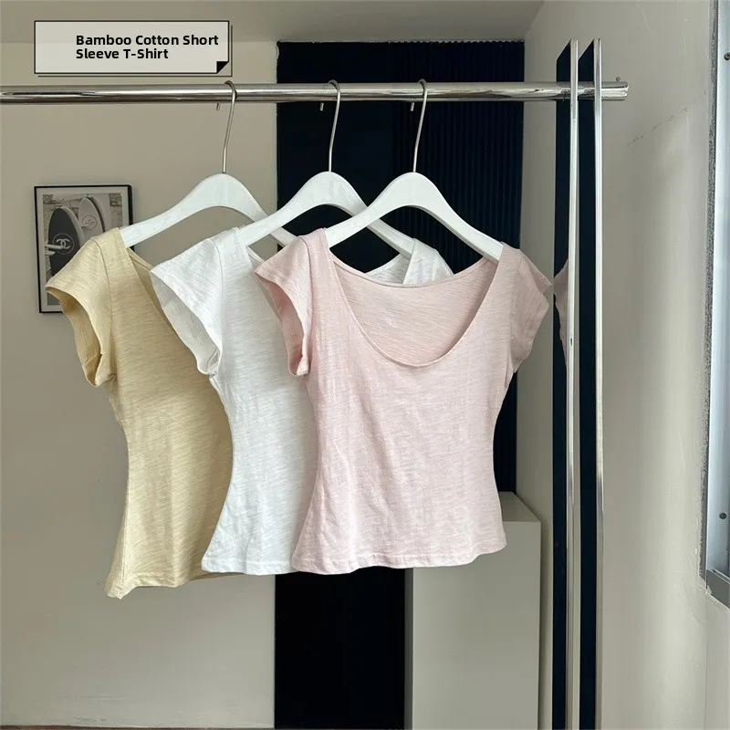 

Spicy Girl Pure Desire Short Sleeve T-Shirt Women Summer 2025 Sexy Subtle Waist Cinching Bamboo Cotton Small Size V Neck Shor...