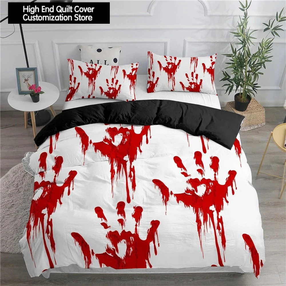 Halloween King Queen Duvet Cover Horror Blood Hand Bedding Set for Teens Scary Red Blood Stains 2/3pcs Polyester Quilt Cover