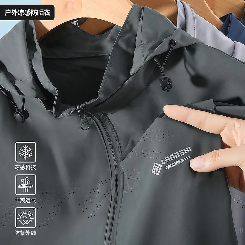 Summer Ice Silk Men's Sun Protection Jacket Quick Dry Hooded Outdoor Fishing UV Resistant Lightweight Casual Breathable Windproo
