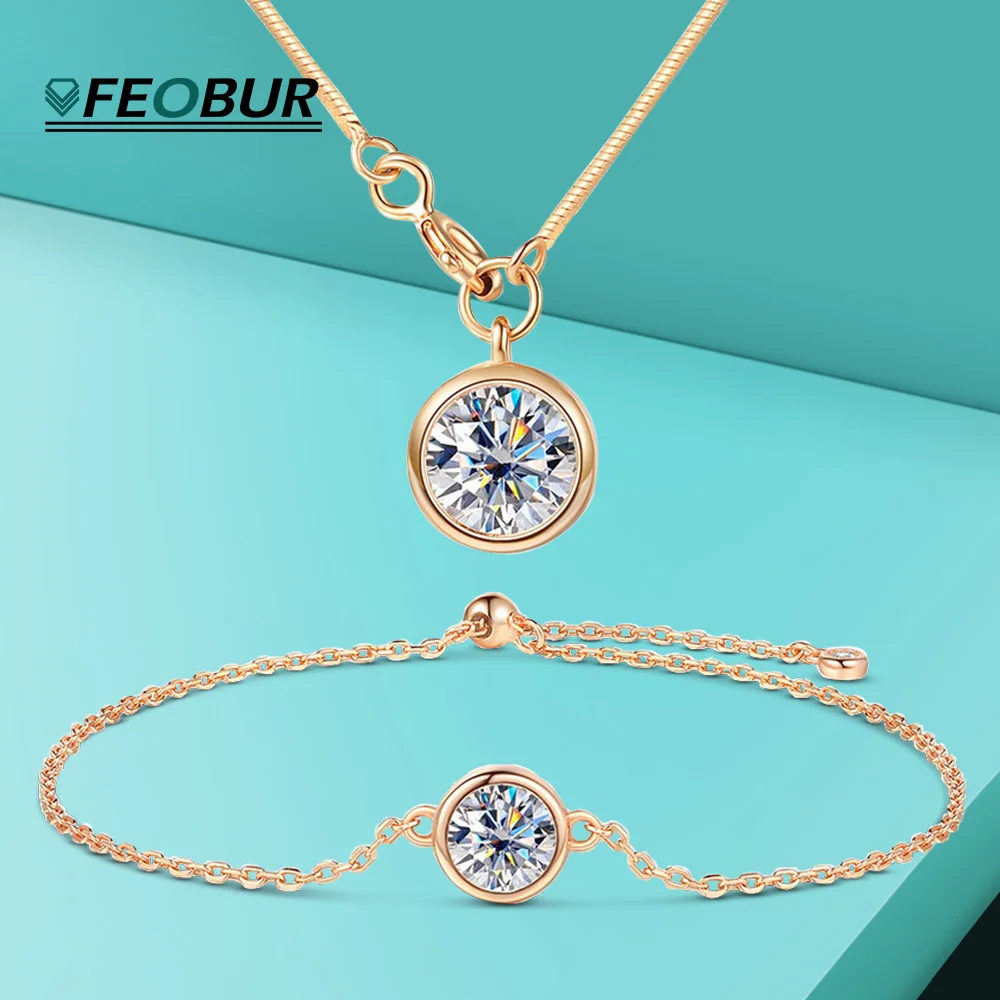 

FEOBUR Rose Gold Color Moissanite Necklace for Women 1CT Round Bezel Set Diamond Pendant 925 Sterling Silver Chain Jewelry Gift