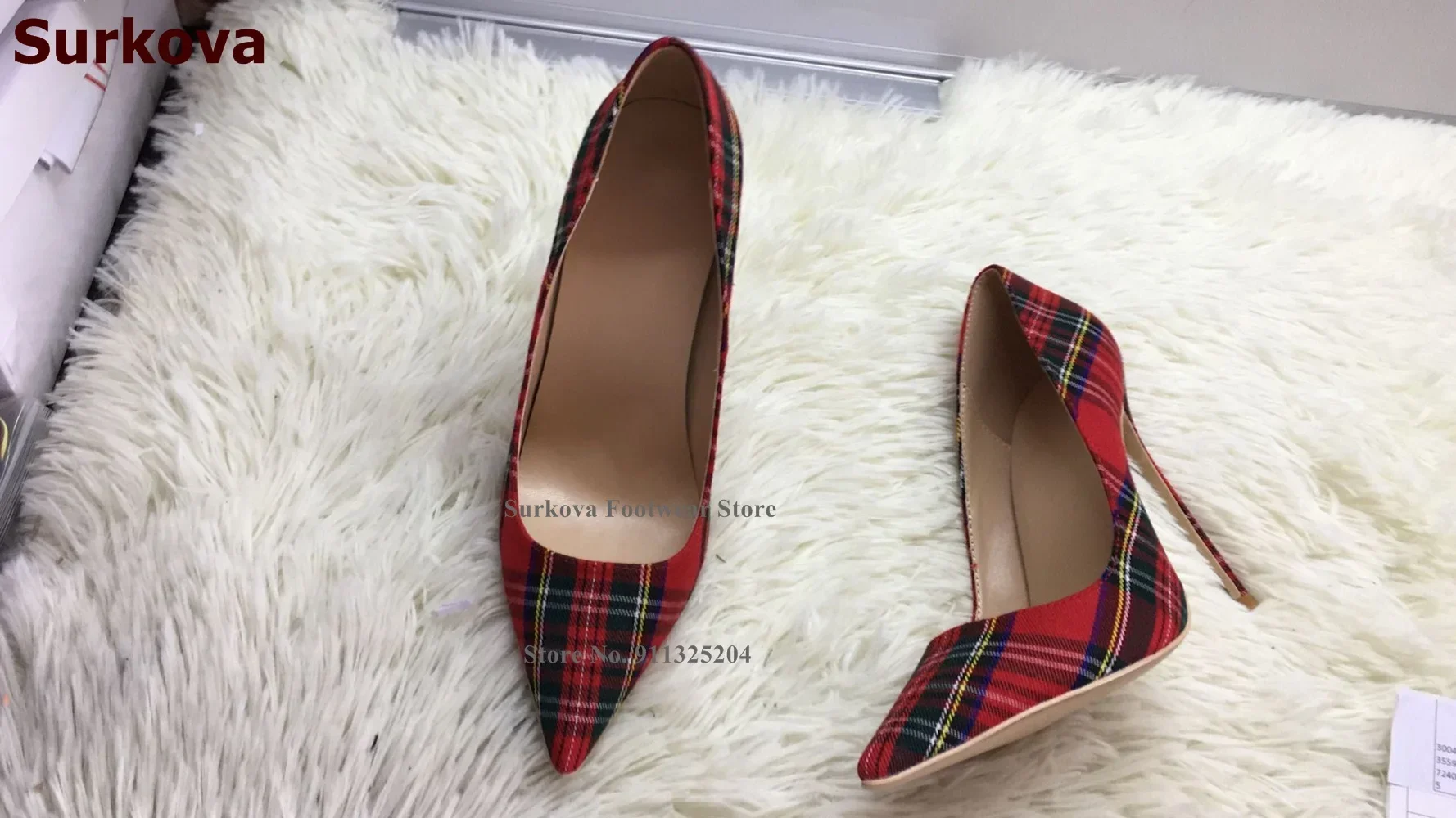 Surkova Elegant Red Green Checkered Cloth High Heel Shoes 12cm 10cm 8cm Real Photo Shallow Pointed Toe Plaid Wedding Pumps US13