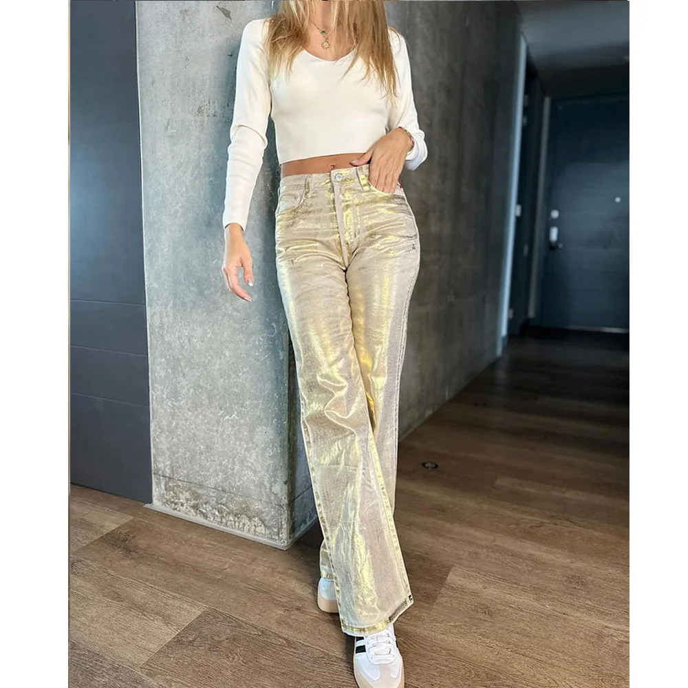 Fashion Metallic Denim Straight Jeans Wide Leg Women High Waist Loose Pants Y2K Oversize Denim Trousers Hip-hop Streetwear