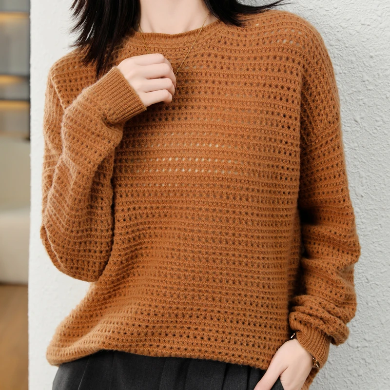2024 Autumn/Winter New 100% Merino Wool Hollow Out Sweater Women\'s Clothing Korean Luxury Loose Large Cashmere Knitted Pullover