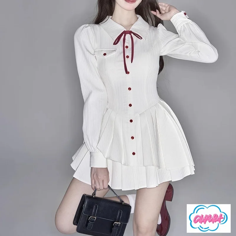 ฤดูใบไม้ร่วง รสหวานแบบฝรั่งเศส ​ ​ มีปก ​ ​   เสื้อเชิ้ตแขนยาวจีบระบาย คอปก ทรงเข้ารูป ดีไซน์โดดเด่น หรูหรา สไตล์นักเรียน พร้อมกระโปรงทรงพอง