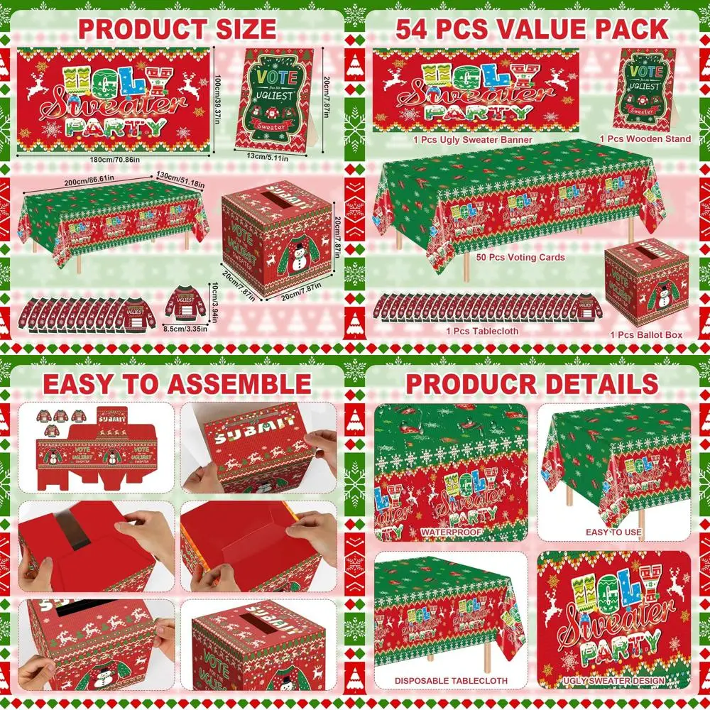 

50-Piece Ugly Sweater Party Kit: Banner, Tablecloth, Sign, Ballot Box & Voting Cards for Christmas Celebrations