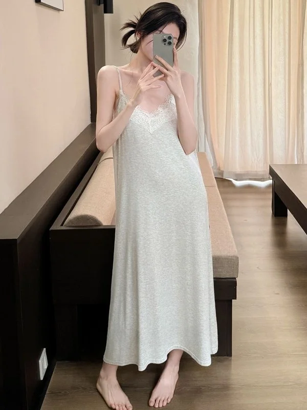 

Korean Sle Sexy Strap Sp Dr Women's Summer Modal Cotton Mid-Length Nightgown V-Ne Lace High-End Ice Feeling
