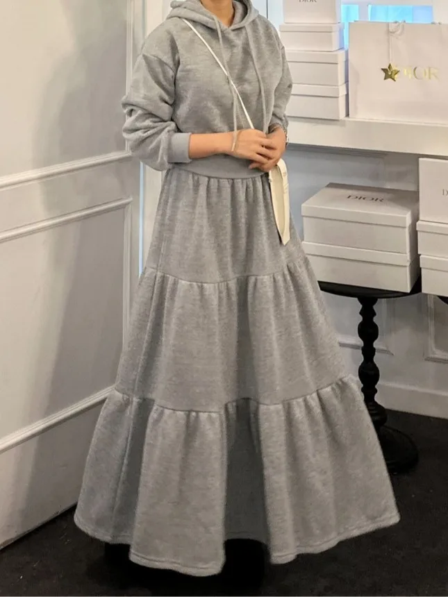 

Elegant Hooded Waist-Cinching Sweatshirt Cake Skirt Set Women's Autumn Winter Casual Luxury Outfit School Street Style Commute