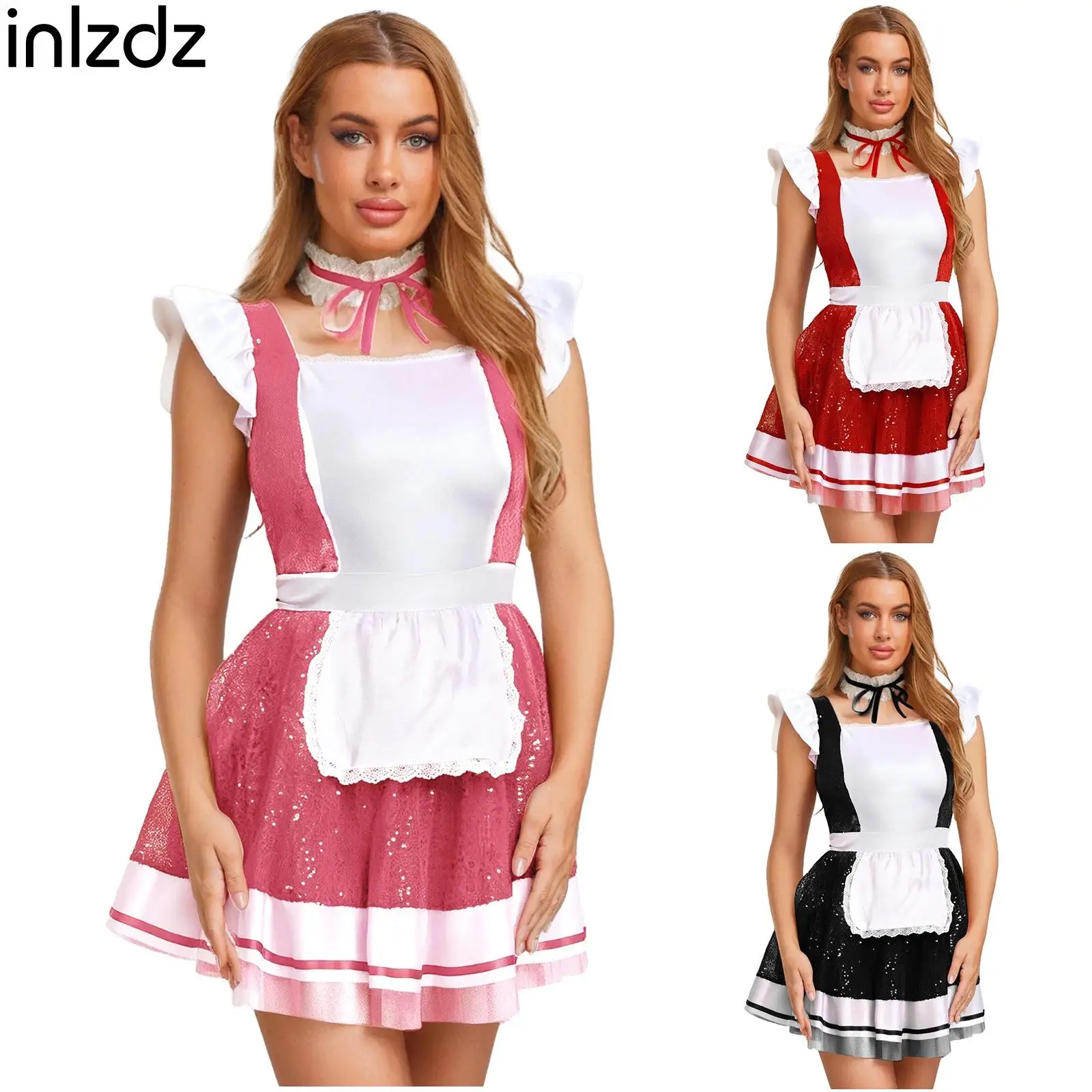 

Womens Halloween Maid Cosplay Dress And Choker Fly Sleeve Lace Trim Apron Glittery Sequin Tulle Underskirt Dress for Nightclub