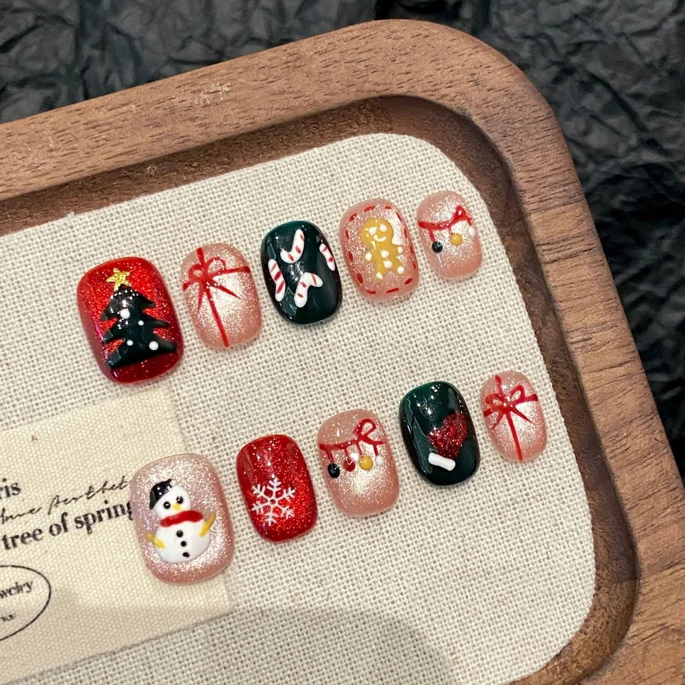10 Pieces Autumn Winter Christmas Bells Bows Handmade Press On Nails Snowman Gingerbread Man Candy Cane Art Fake Nails