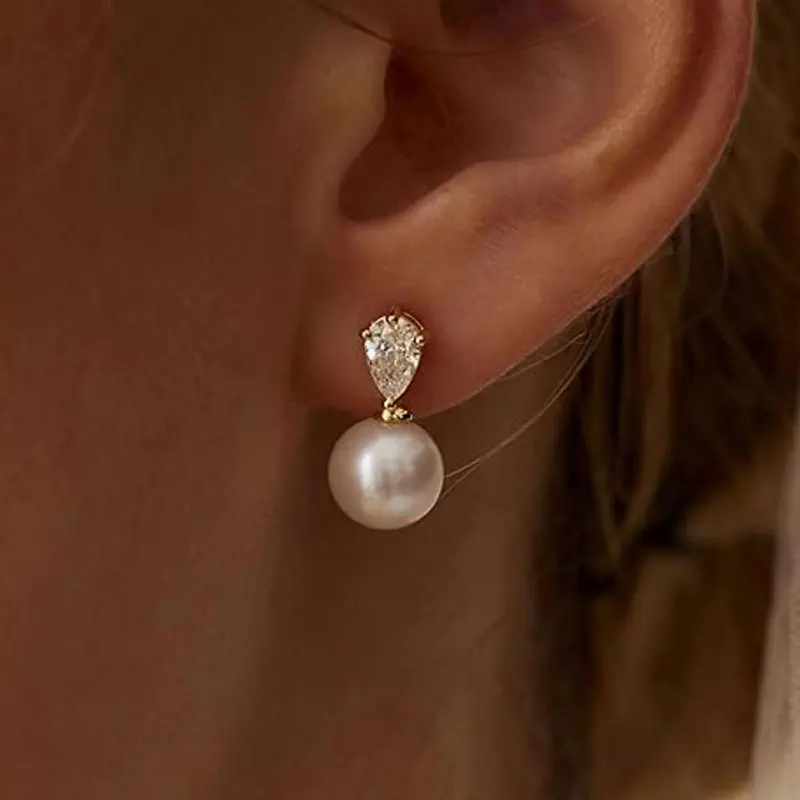 New Trendy Gold Pearl Earrings Dainty Wedding Bride Earring Women Simple Gold Color Formal Pearl Drop Earrings