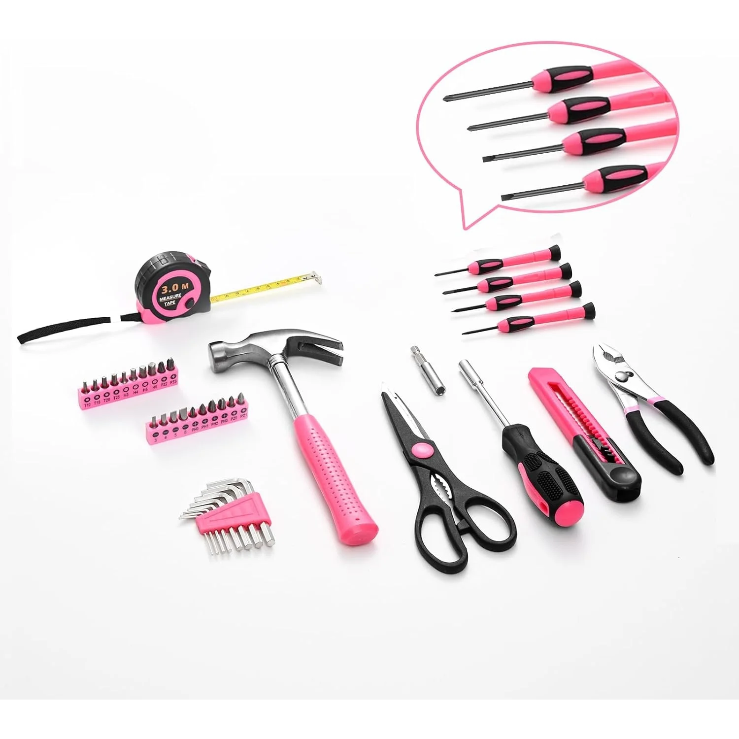39pcs with 3m Ruler Tool Set General Household Hand Tool Kit with Plastic Toolbox Storage Case Pink