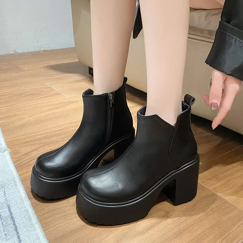 

Gothic Chunky Platform Ankle Boots Women Super High Heels Black PU Leather Boots Woman 2024 Autumn Side Zipper Short Botas Mujer