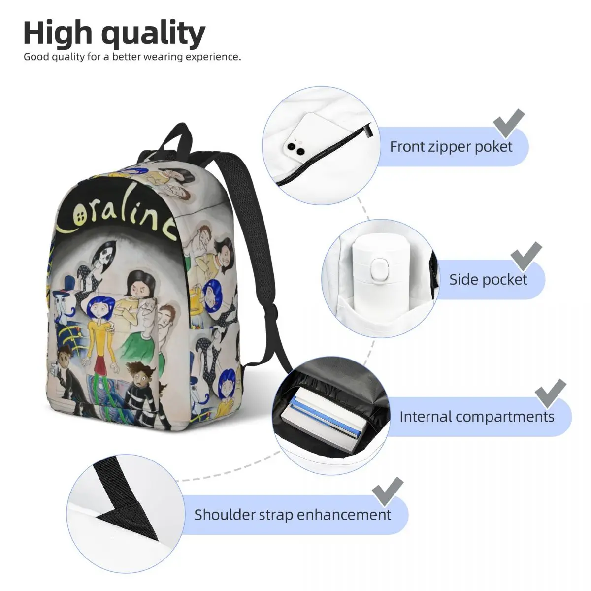 Movie Art Coralines Cartoon Cool Backpack Sports Student Work Halloween Horror Daypack for Men Women Laptop Canvas Bags