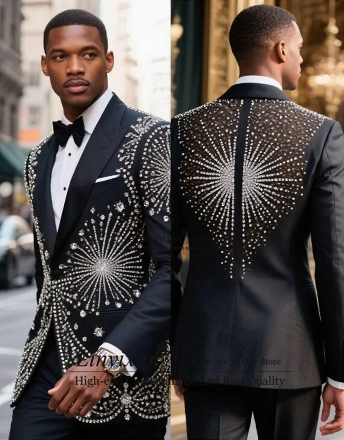 

Glitter Jewelry Crystal Men Suit Customized Peak Lapel High End Groom Male Prom Blazers 3 Pieces Sets Wedding Party ropa hombre