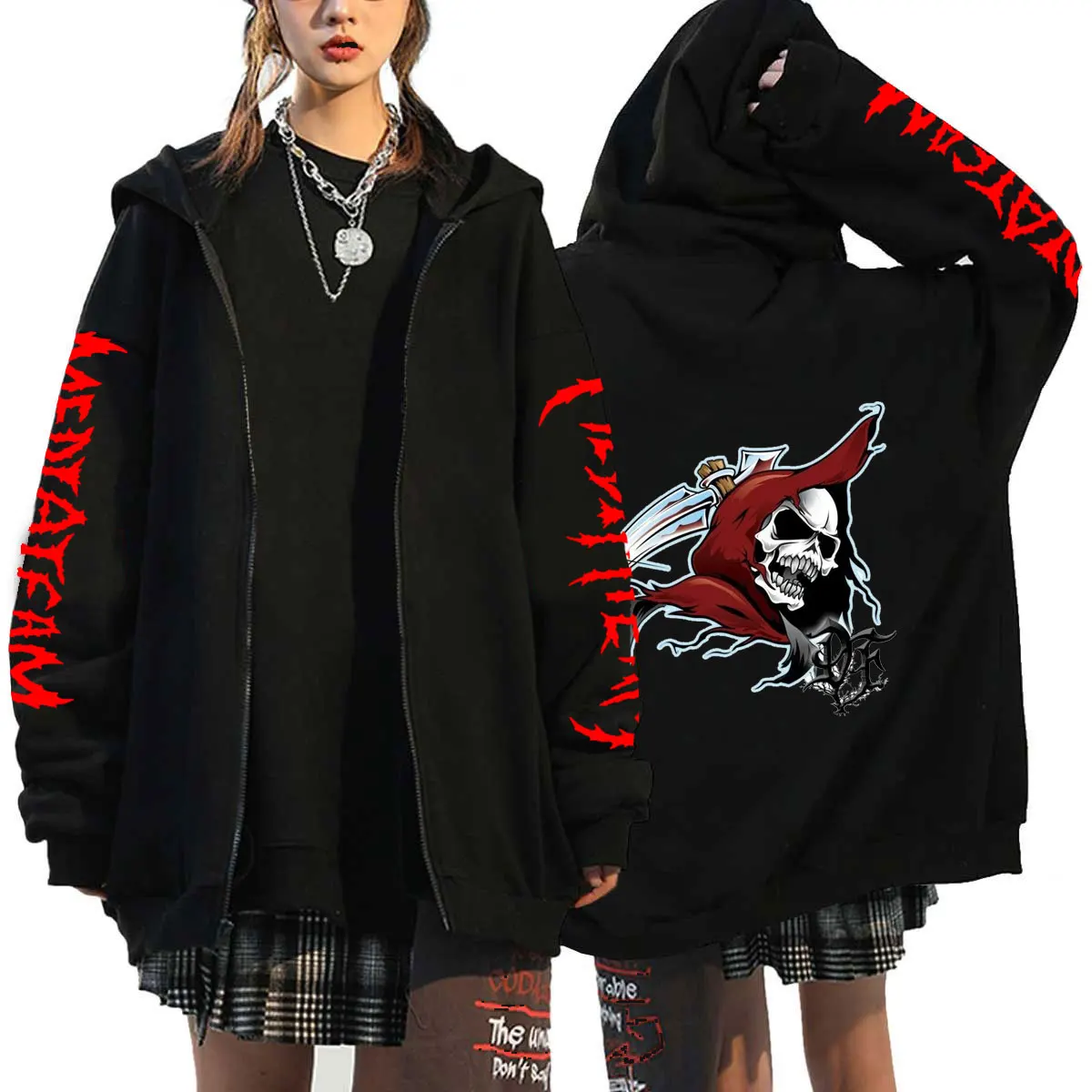 

Zip-up Y2K Gothic Harajuku Hooded Sweatshirt Women Skull Printed Goth Grunge Coat Top Korean Loose Long Sleeve Female Jacke