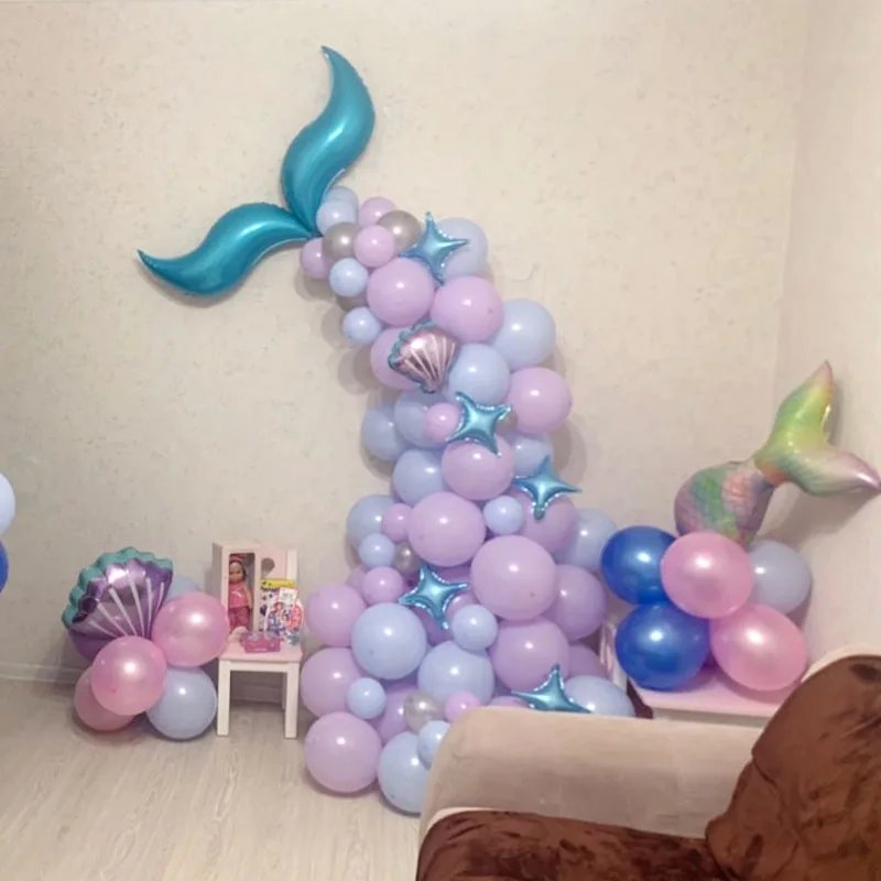 87pcs Mermaid Balloon Garland Arch Kit Purple Blue Balloon With Sea Shell Mermaid Tail Little Mermaid Birthday Party Decoration