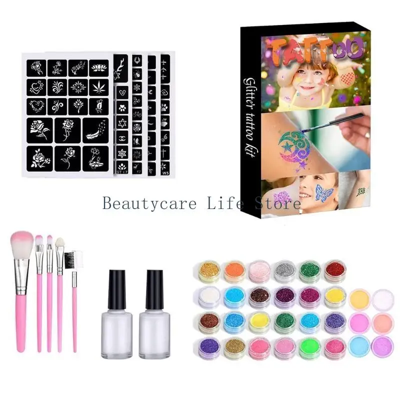 652C Glitter Set with 30 Big Glitter Tubes 120 Unique Stencils 2 5 Brushe