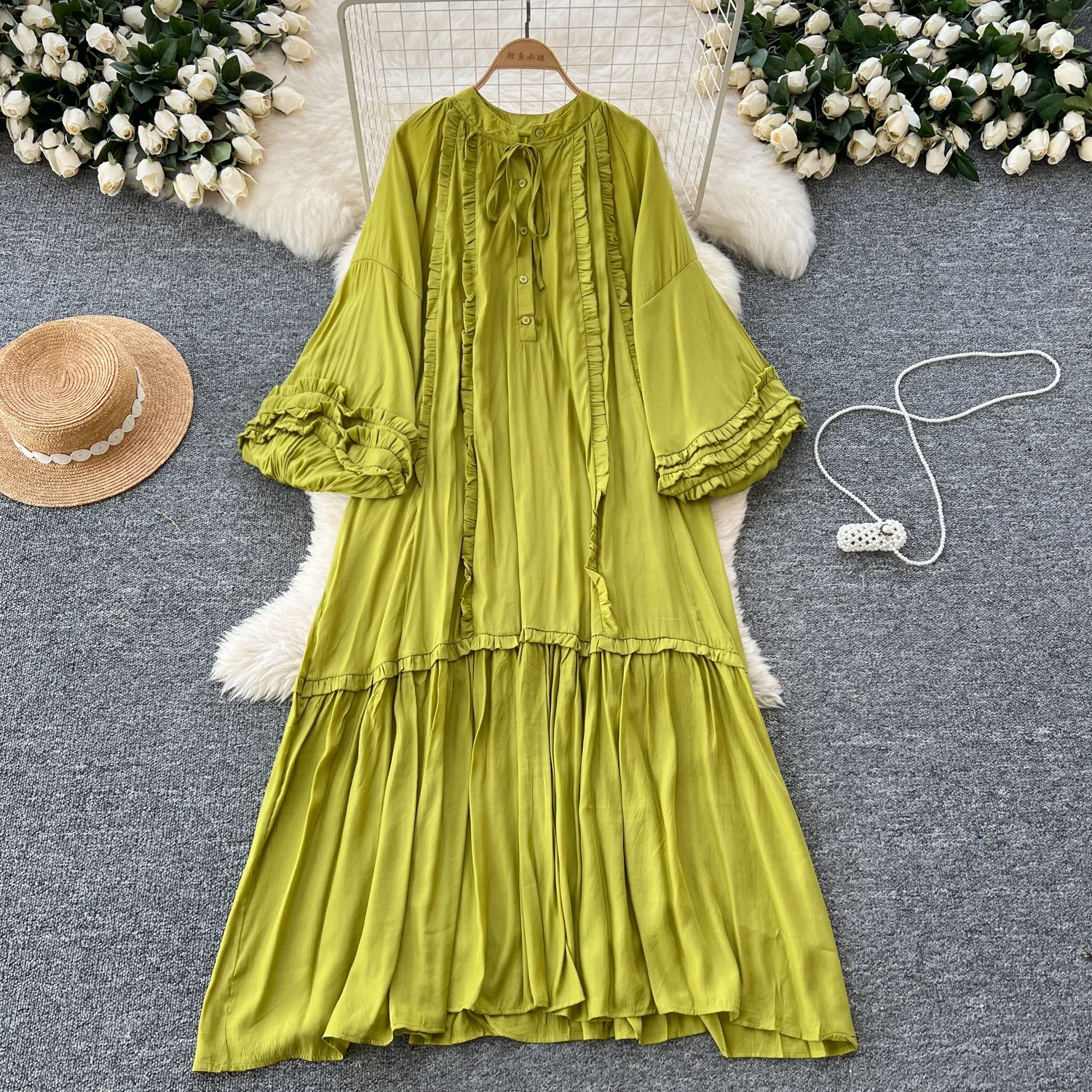 Vintage O-neck Lace-up Single Breasted Fashion Lantern Long Sleeves Elegant Loose Ruffle Dress Korean High Street Women Clothing