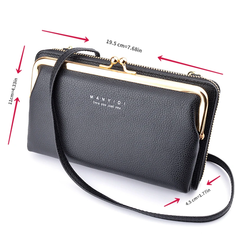 PU Leather Clutch Wallet For Women, Multifunctional Crossbody Bag, Fashion Long Coin Purse With Kiss Lock