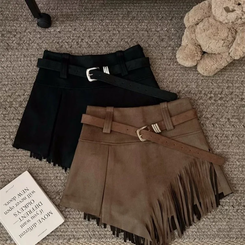 秋と冬の女性用ハイウエストショートスカートフリンジ付きイレギュラースエードAラインスカート