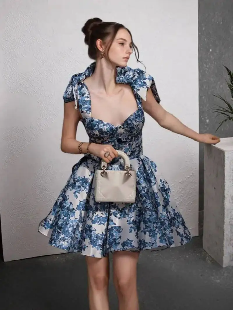 Sukienka damska vintage z niebieskim wzorem, wiązana na sznurowadła, z koronką, na ramiączkach, z wysoką talią, plisowana, mini w kształcie litery A, letnia, nowa, wakacyjna, model BQO8