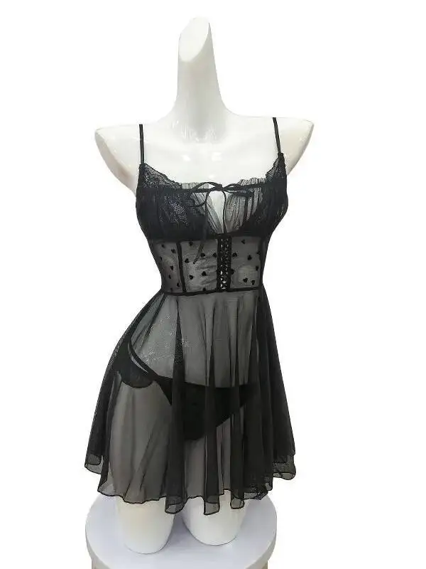 Elegantes, durchsichtiges, sexy transparentes Kleid für Frauen, leichtes Mesh-Träger, rückenfrei, tiefes V, ärmelloses Kleid mit Herzmuster, charmantes Kleid D69W