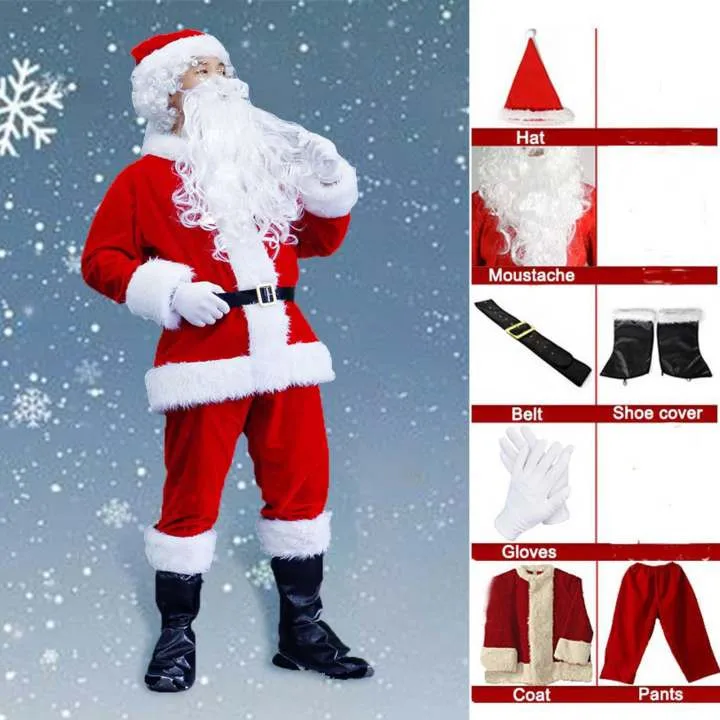 7 pçs traje de papai noel para adultos das mulheres dos homens natal carnaval cosplay vermelho plus size terno adulto fantasia trajes festa conjunto completo