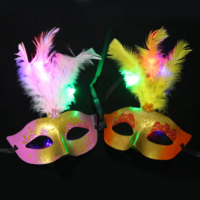 12pcs Party Halloween  Glow Feather Mask Flash Bar Prom  Parade Mardi Gras Dress Up Costume Wedding Festival