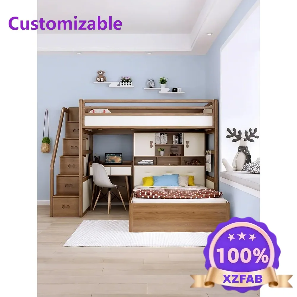 Factory Direct 2026 Space-Saving Solid Wood Staggered Bunk Bed, Twin Loft Bed with Desk & Wardrobe Multi-functional Study Bed fo