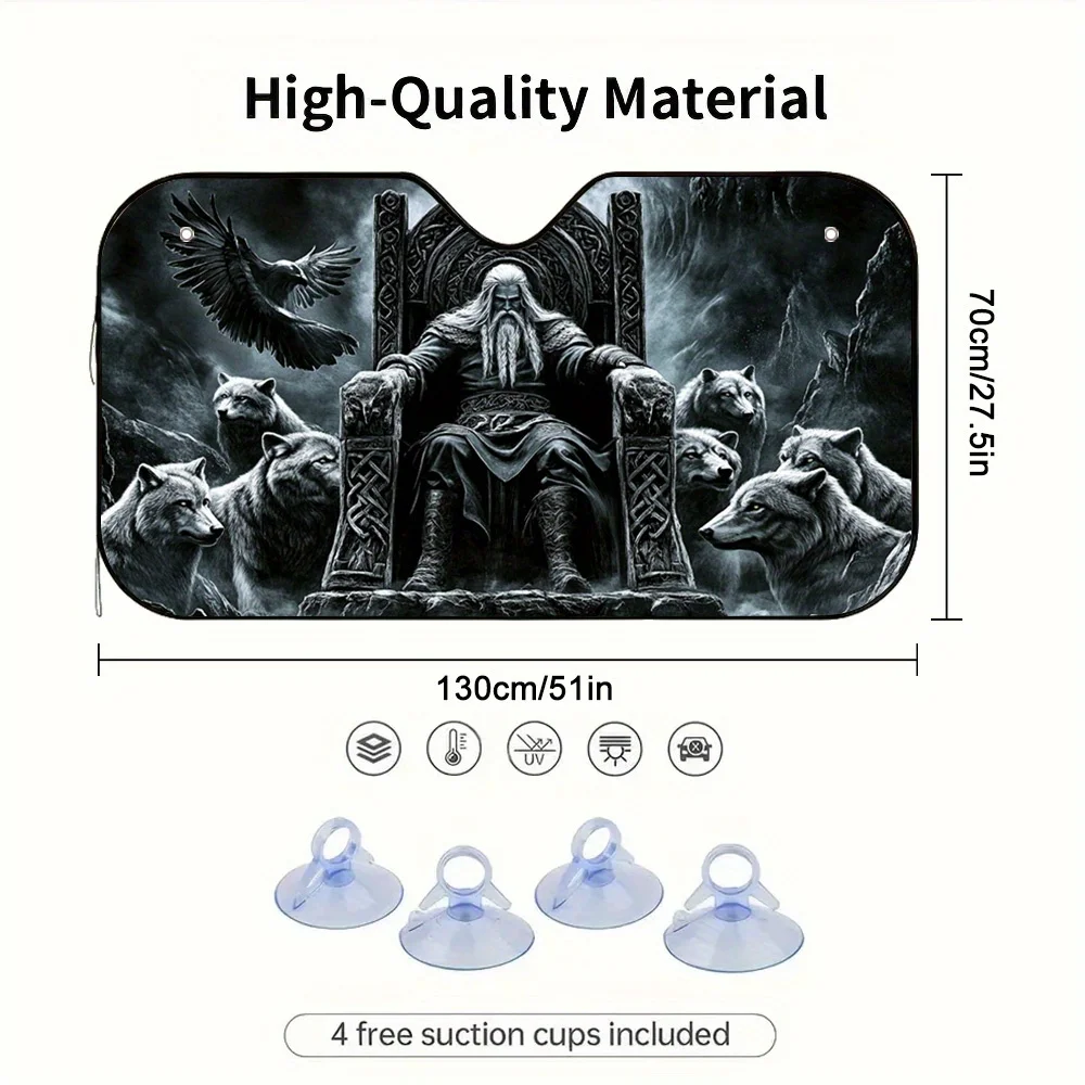 One Piece Of 2D Flat Sunshade Featuring A Nordic God, King, And Wolf Design – Chic And Collapsible, It Helps Maintain A Cool Tem