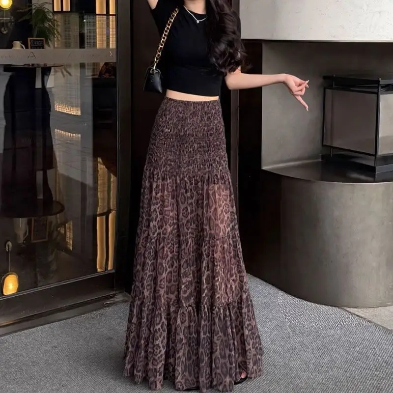 Vintage Pleated Leopard Print Skirt Women Summer Vacation Long Skirt Slim Beach Streetwear Y2k Skirts Harajuku Design Clothing