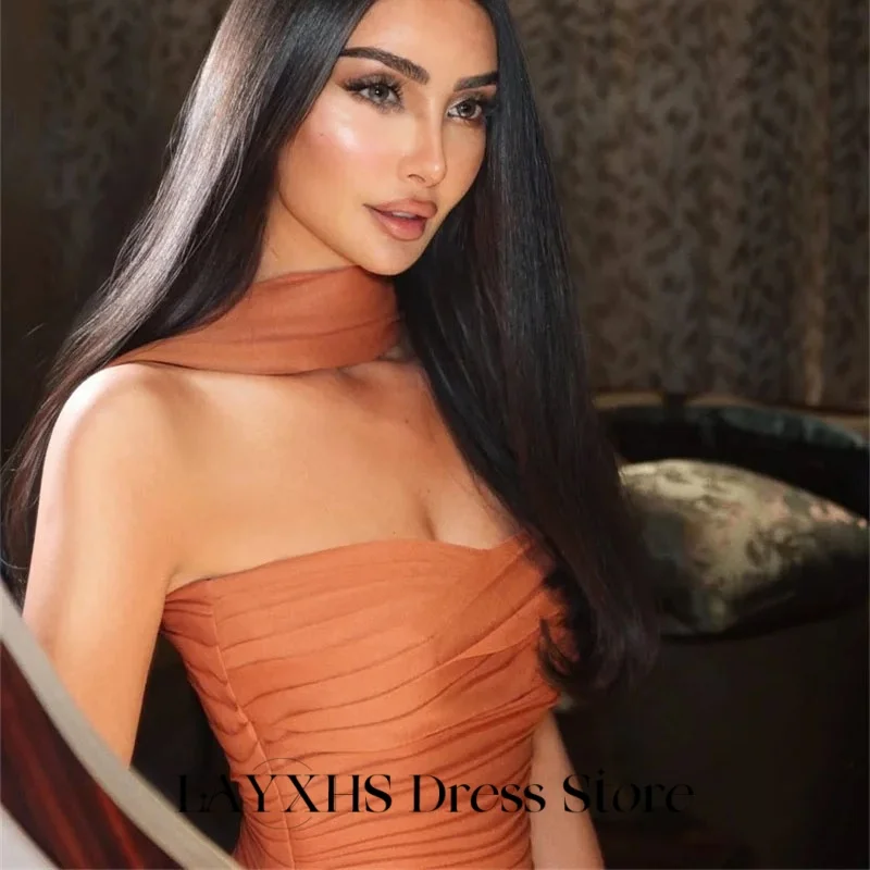 LAYXHS Elegante avondjurken Oranje strapless a-lijn sjaal plooi galajurken op maat gemaakte robes de soirée