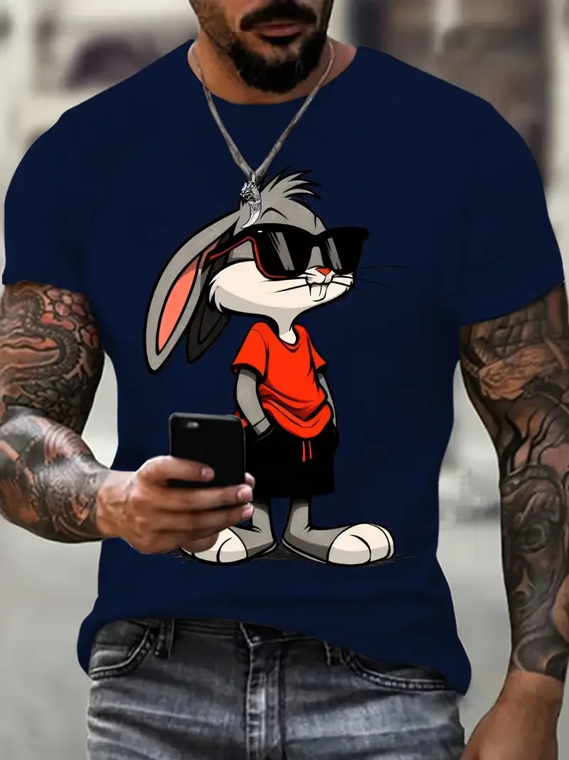 New glasses wearing cartoon rabbit men's T-shirt fashion animal and cartoon print design round neck casual sports men's Clothing image 4