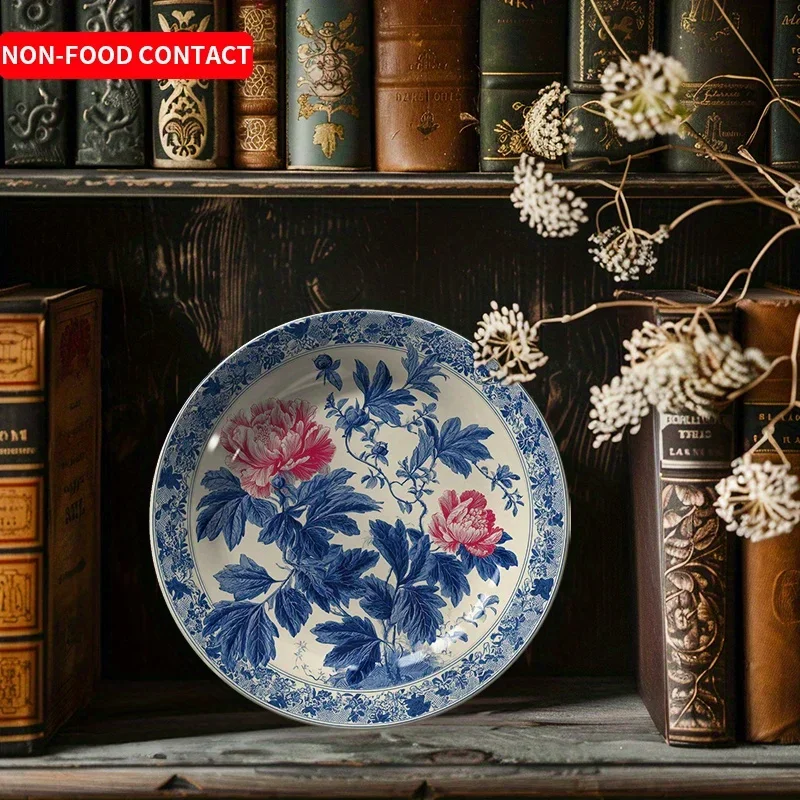 1pc Blue and White Ceramic Decorative Plate with Hand-Painted Red Floral Pattern, Non-Food Contact Home Wall Decoration Plate