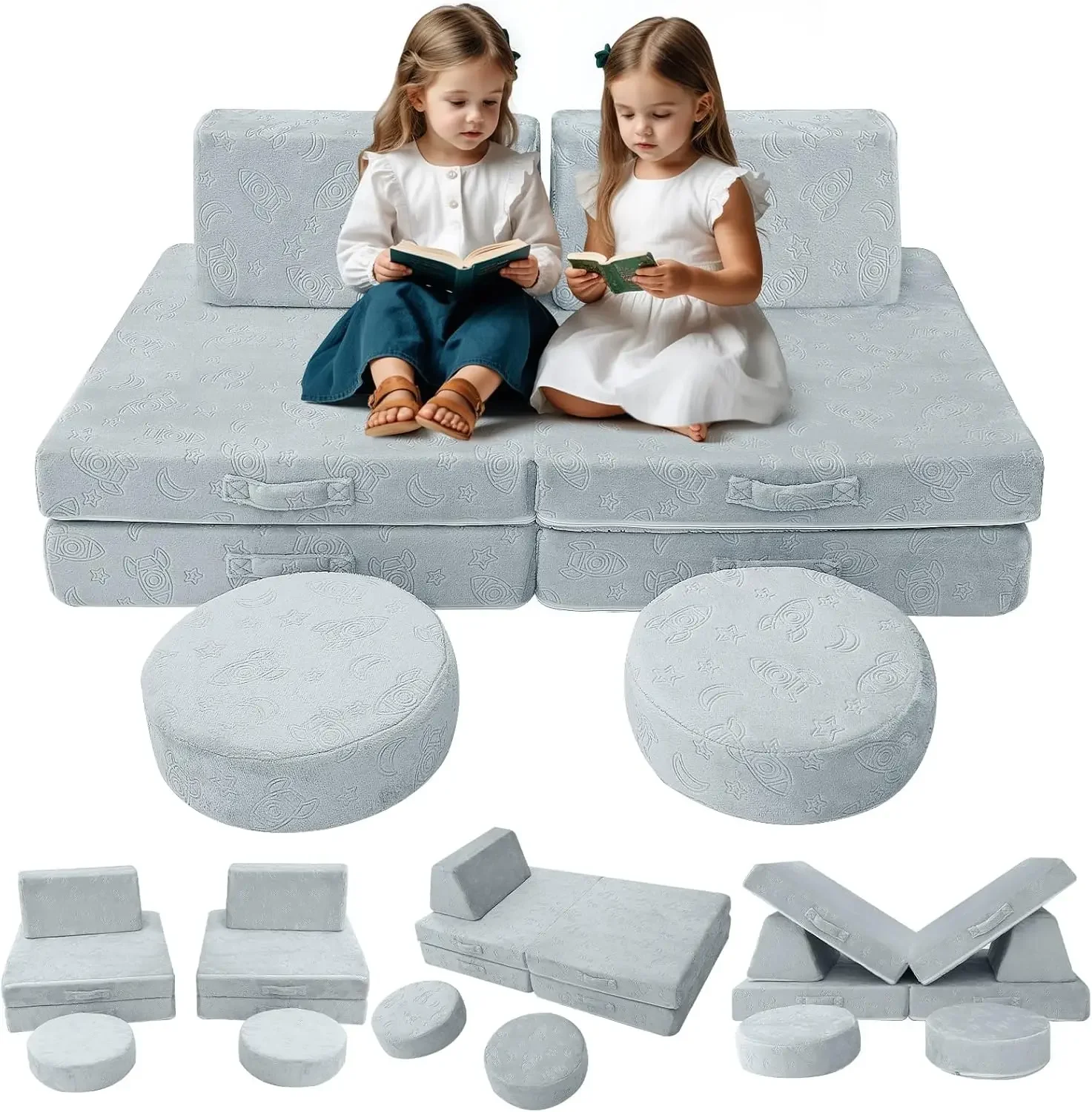 Modular Kids Play Couch Sofa – Gray 8-Piece Fold-Out Convertible Toddler Couch with Rocket, Star, and Moon Patterns f