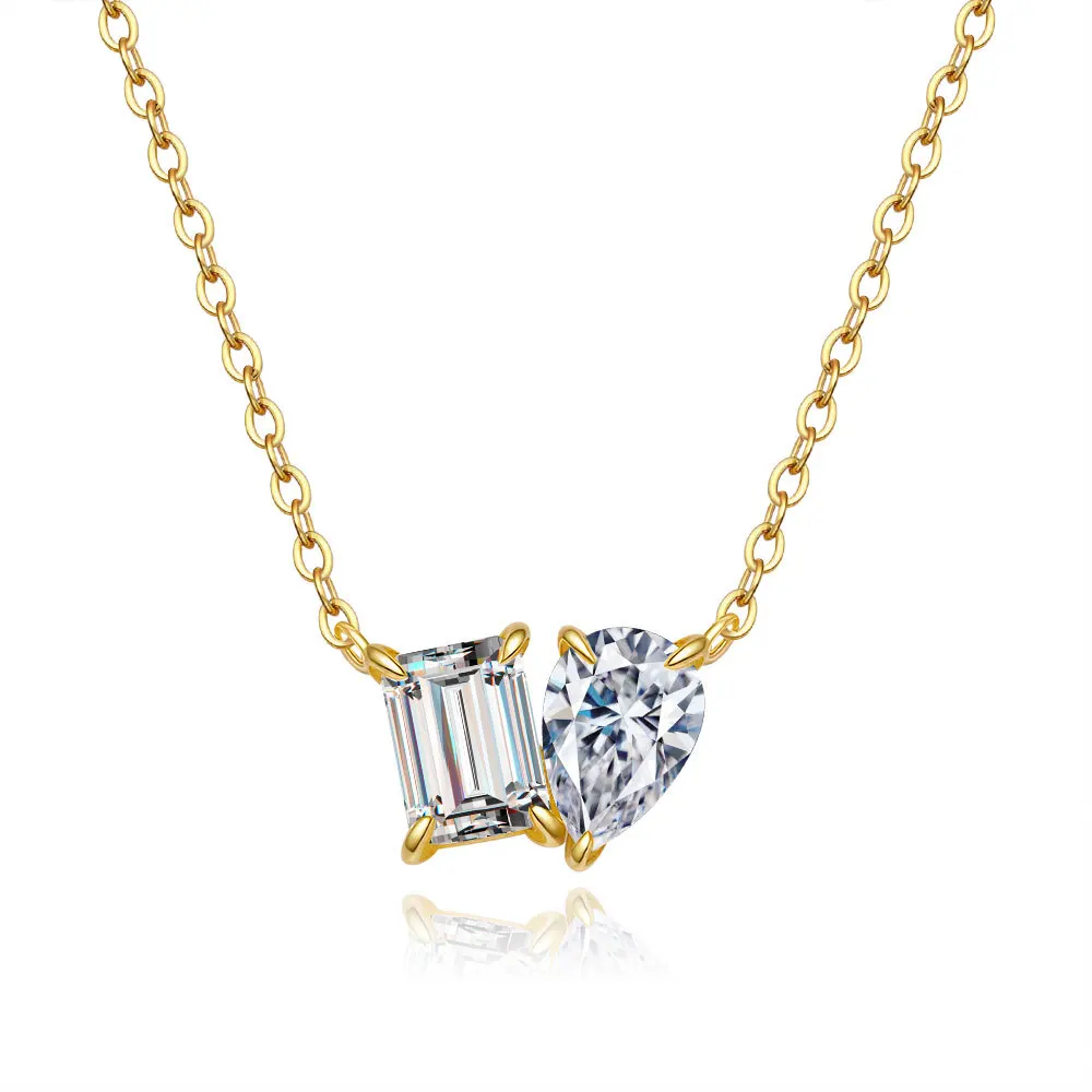 

S925 Sterling Silver 24K Gold Plated 1CT Moissanite Collarbone Chain - Sugarcube Teardrop Shape, Super-Shiny & Delicate